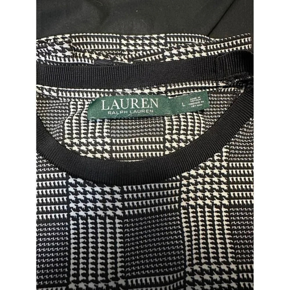 Lauren Ralph Lauren Top Large L Black Plaid Grid Round Short Sleeve Stretch B2 # - Picture 5 of 6